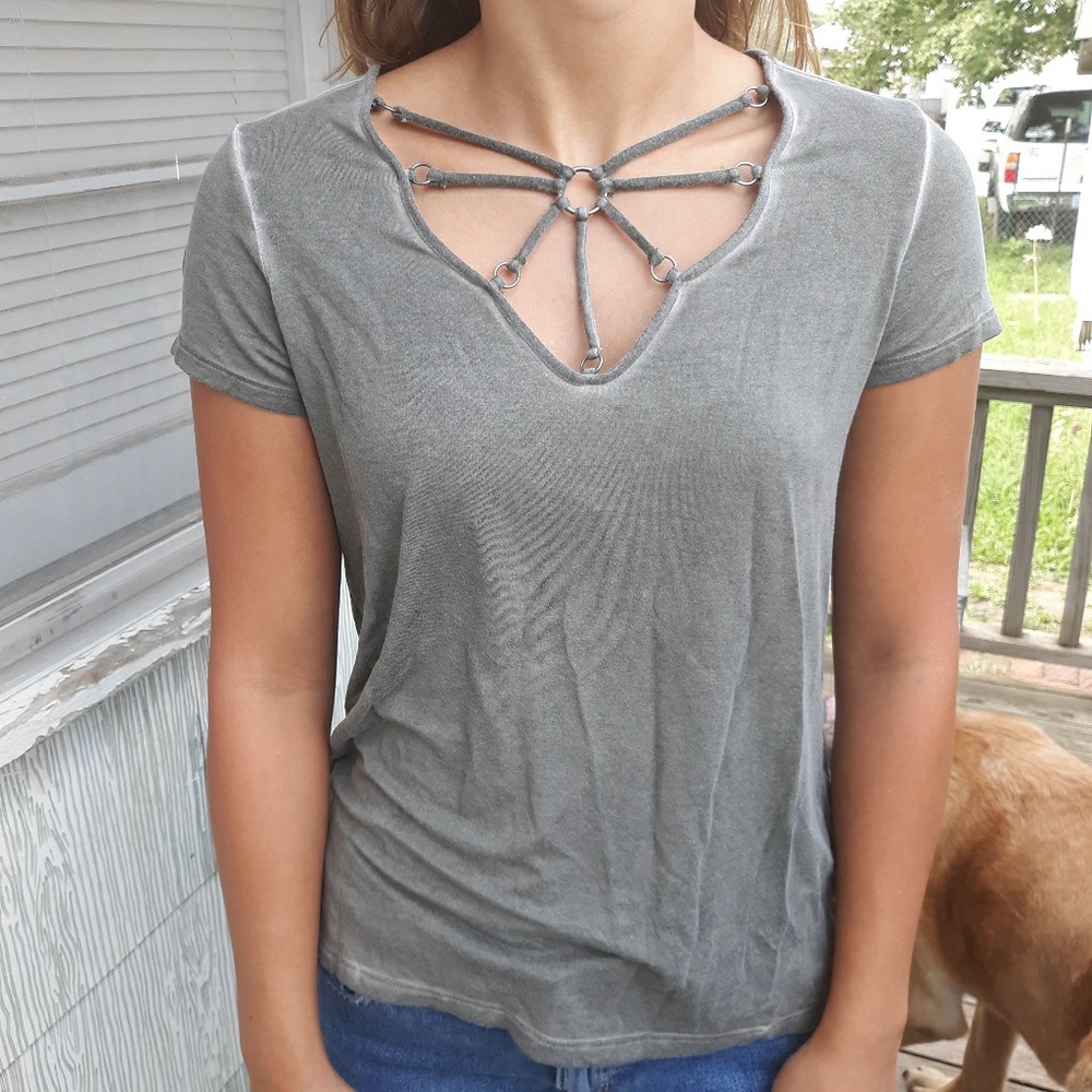 Grey mineral wash cage neck top harness neck top